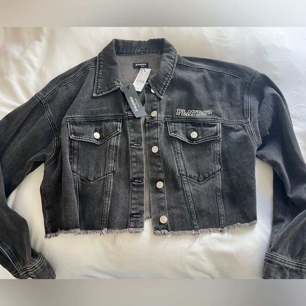 Brand new playboy cropped denim jacket in black